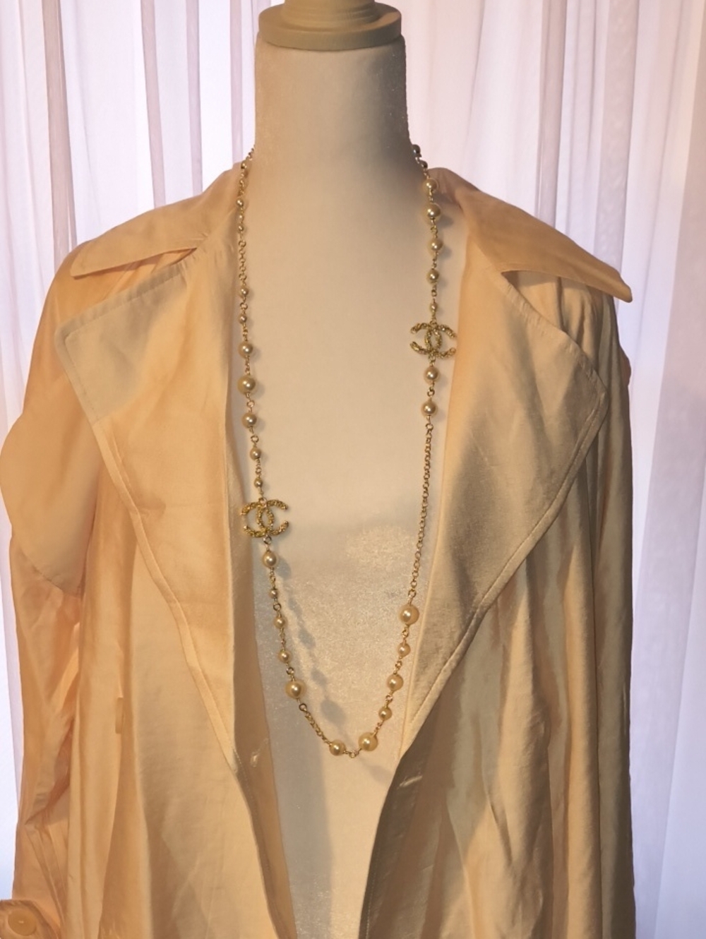 CHANEL Long Gold-Tone Pearl Station Necklace with Interlocking CC Motifs